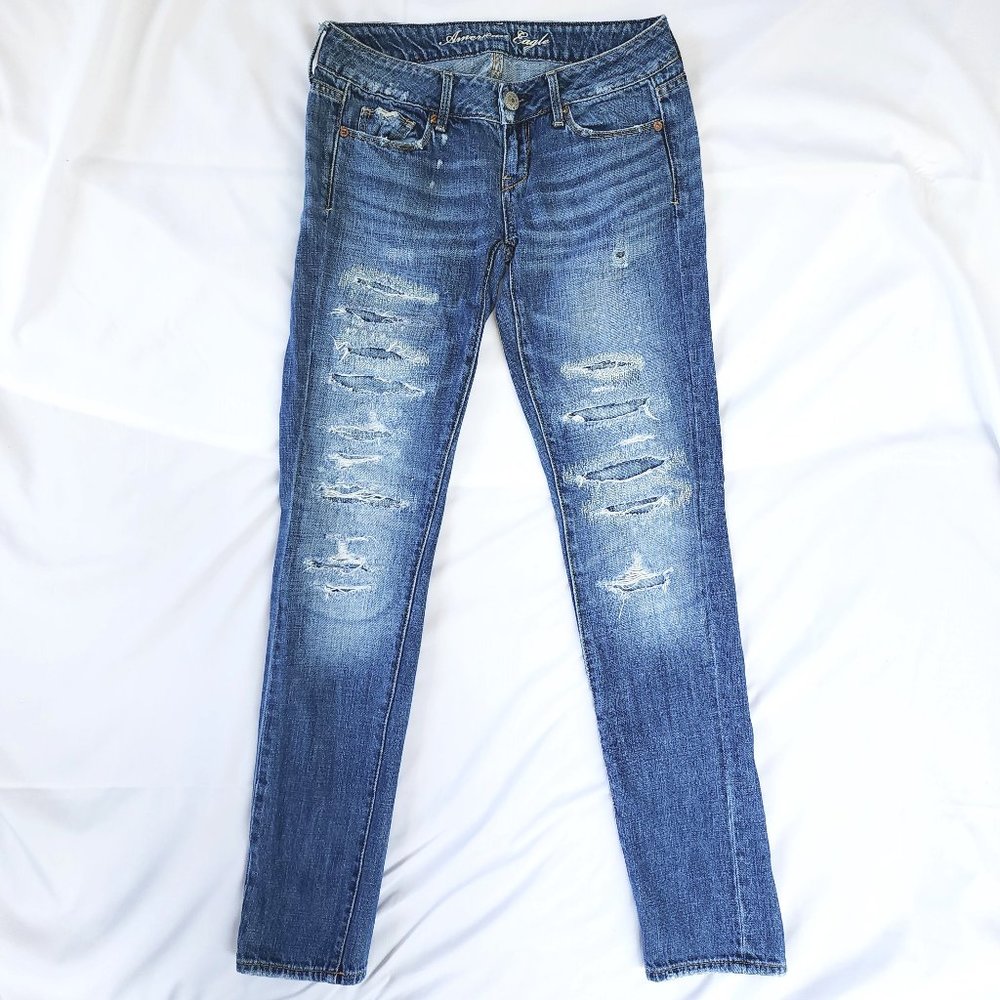 AE Premium American Eagle Skinny Jeans Size 00 R 100% Cotton Distressed Ripped